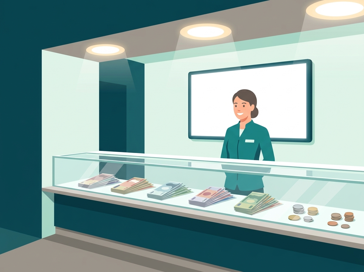 Illustration of a Hong Kong money changer counter with foreign banknotes and coins